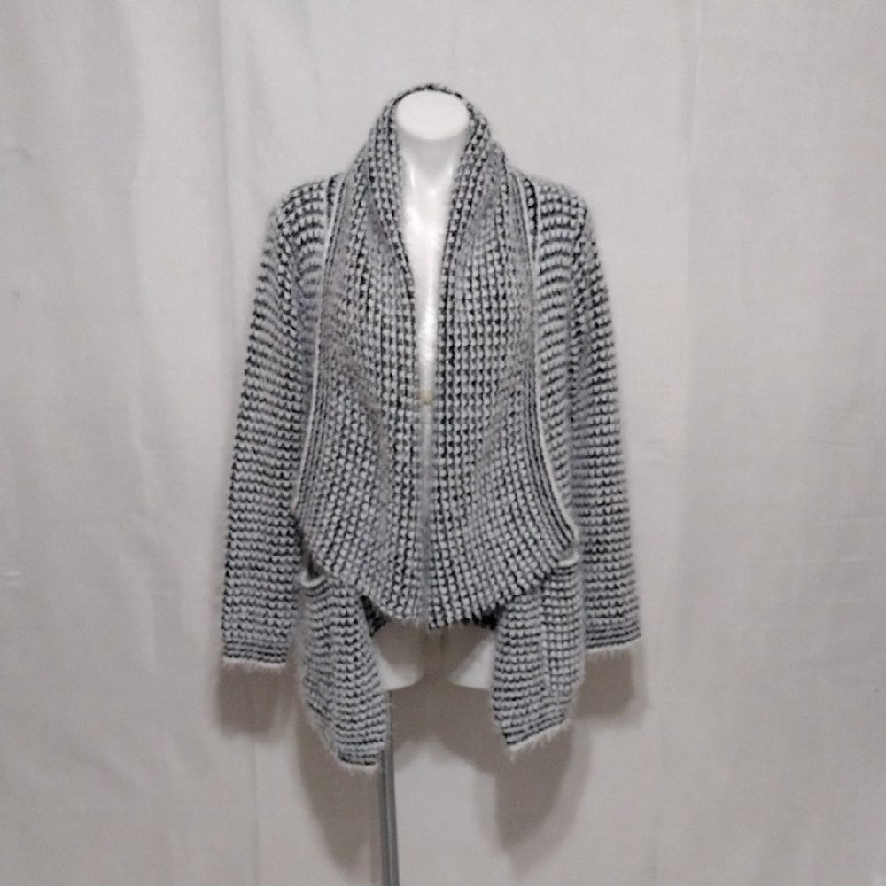 Les Soeurs Black White Fuzzy Knit Cardigan Open Front Longline Cozy Chic S/M
